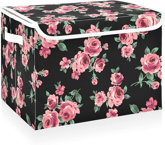 CaTaKu Large Fabric Storage Bins With Lids, Floral Pink Rose Storage Boxes With Handles for Organizing Clothes, Collapsible Storage Cube Bins Baskets for Shelves