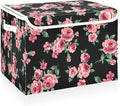 CaTaKu Large Fabric Storage Bins With Lids, Floral Pink Rose Storage Boxes With Handles for Organizing Clothes, Collapsible Storage Cube Bins Baskets for Shelves