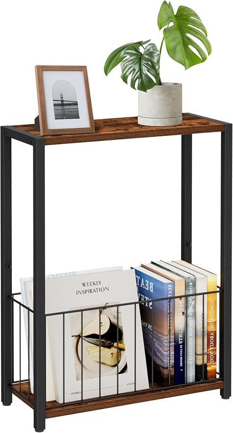 Homleke Narrow Side Table with Magazine Holder, Skinny End Table | Space-Saving Design, Small Spaces, Storage Shelf, Metal Frame, Easy Assembly, 7.1" D x 16.9" W x 23.6" H, Rustic Brown