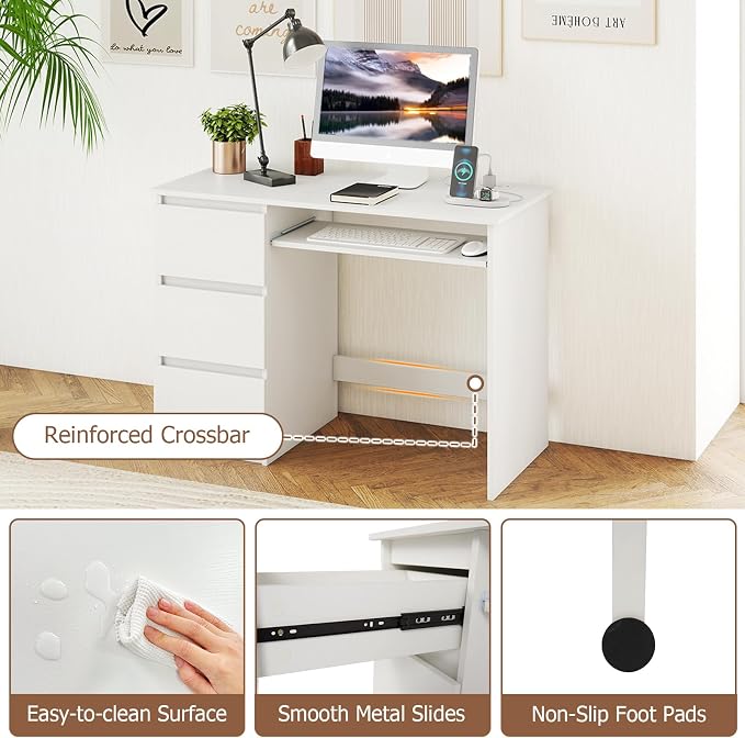 GOFLAME Computer Desk with 3 Drawers & Charging Station, 42” Home Office Desk with Storage & Keyboard Tray, Writing Desk PC Workstation Vanity Table (White)