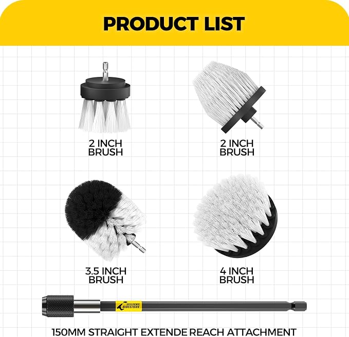 Holikme 5Pack Drill Brush Attachment Set-Car Interior Detailing Kit，Power Scrubber Brush Extended Long Attachment for Bathroom, Car，Shower，Carpet,Boat,Kitchen，Floor and Tile，White | 4 nylon scrub brushes,white,Power scrubber kit for Bathroom Surfaces, ...