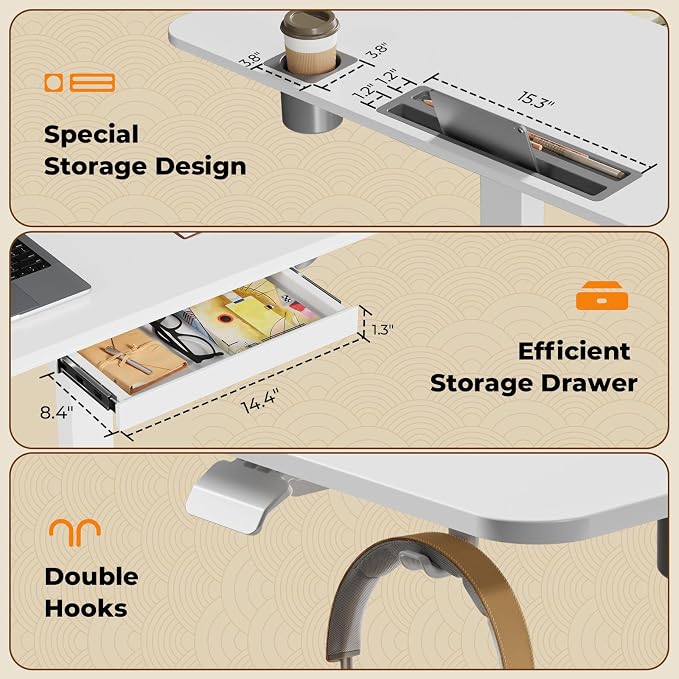 40"×20" Mobile Desk with Drawer, Rolling Desk with Storage | Height Adjustable Portable Laptop Desk on Wheels, Small Computer Desk with Cup Holder and Hooks for Study & Work, White