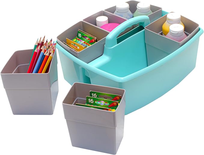 Storex Large Classroom Craft Caddy with Cups, 13 x 11 x 6.575 Inches, Teal, Case of 2 (00984A02C)