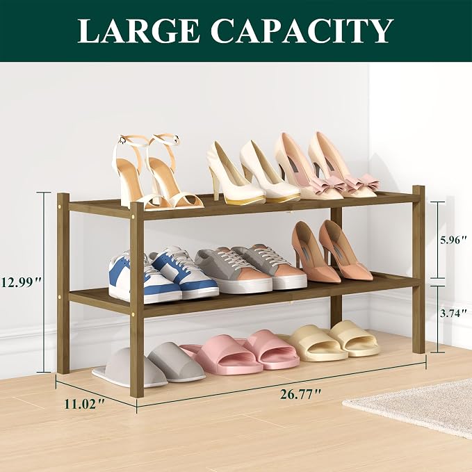 Smiry Bamboo Shoe Rack, 2 Tier Shoe Organizer for Entryway & Closet, Stackable Free Standing Storage Shelf for Shoes, Bags & Plants, Walnut