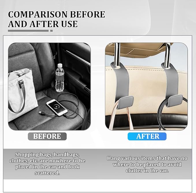 Osilly 2PCS Car Seat Headrest Hook, Leather Stylish Vehicle Backseat Hanger Organizer for Purse Handbag Umbrella, Automotive Seat Back Hanging Storage Holder Hook, Universal for Vehicles (Gray)