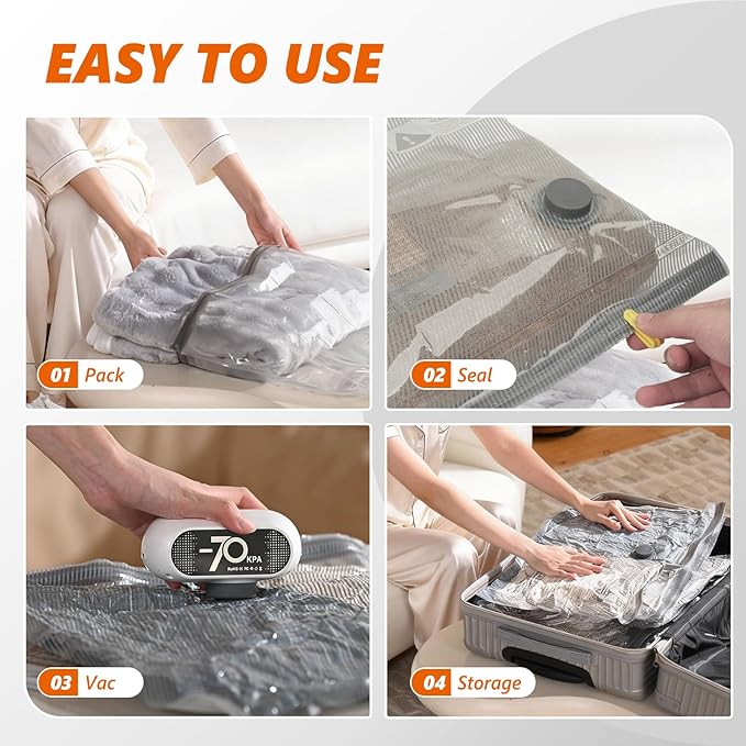 15 Pack Vacuum Storage Bags with -70KPa Electric Pump, Premium Tear-Resistant Reusable Bags for Clothing, Space Saving Essentials for Travel, White