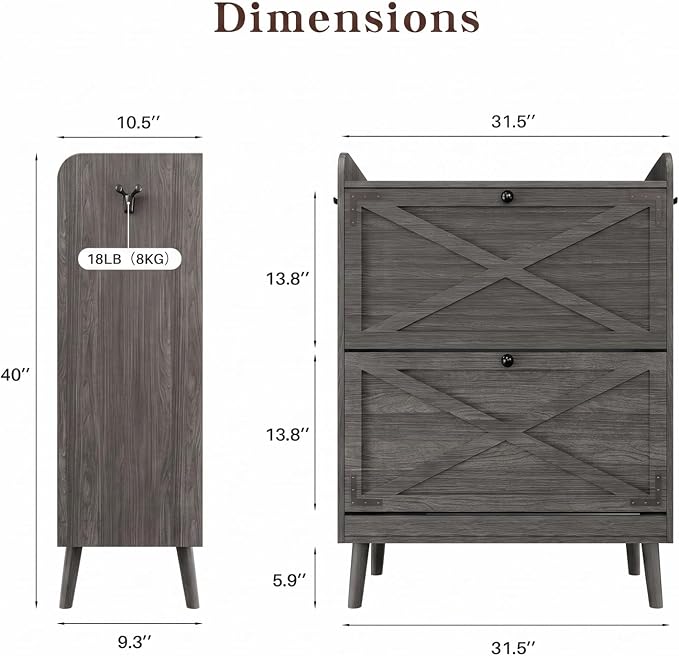 Shoe Storage Cabinet with 2 Flip Drawers & Adjustable Shelves, Freestanding Shoe Cabinet with Side Hooks Narrow Shoe Rack Cabinet for Entryway, Hallway, Rustic Grey