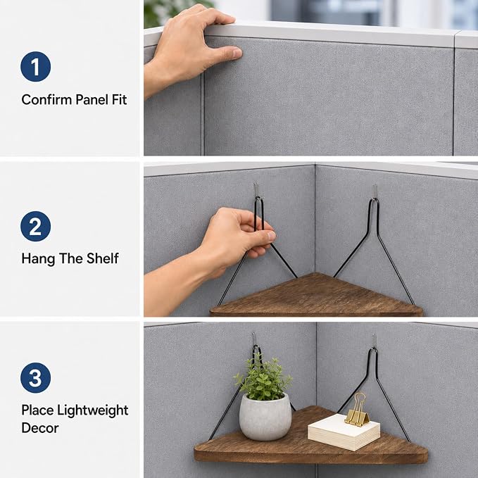 2PCS Fabric Wall Cubicle Corner Shelf with Hooks, Wooden Organizer