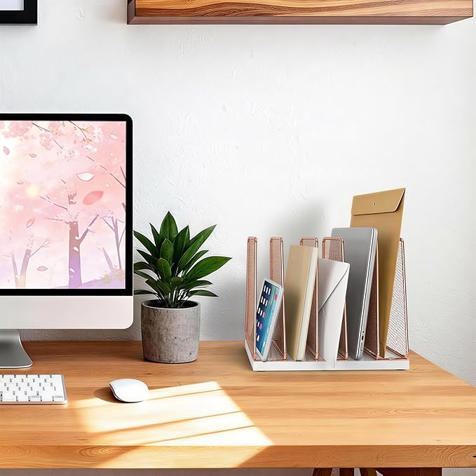 LEKETREE Rose Gold Desk File Organizer, 5-Section Upright File Sorter, Vertical File Folder Holder, Mesh Metal Wood Office Desktop Organization for Document, Magazine, Books and more (Rose Gold)