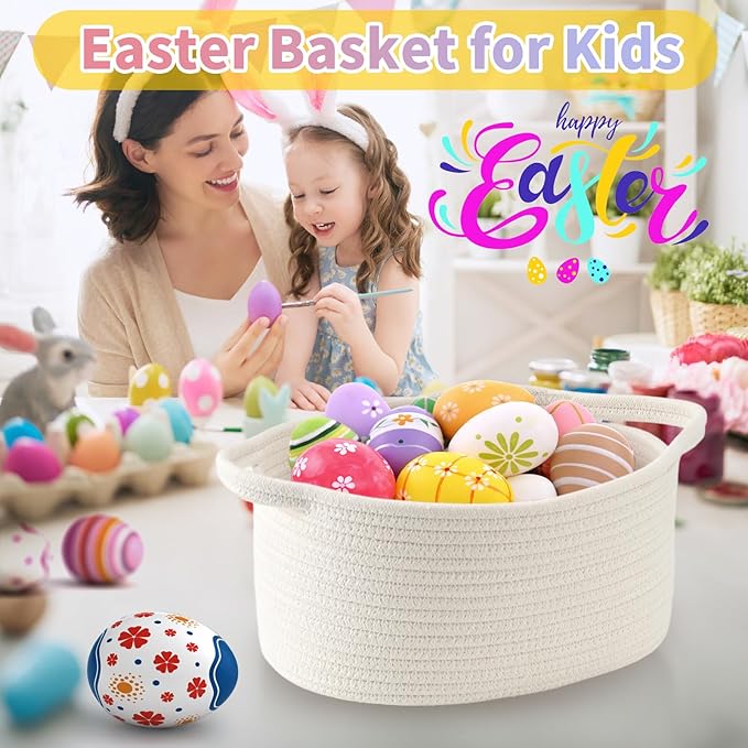 Happyiren Medium Woven Cotton Rope Basket, Empty DIY Gift Basket for Burr | Great for Baby Shower, Birthday & Decor, Cute Decorative Storage Organizer, 13" x 8" x 6"