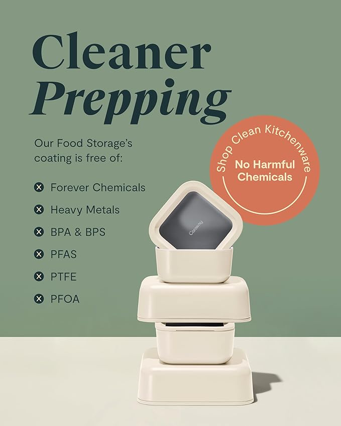 Caraway 2pc Glass Food Storage Set - 4.4 Cup Food Containers (2) - Ceramic Coated - Non Toxic, Non Stick Lunch with Lids - Dishwasher, Oven, & Microwave Safe - Cream