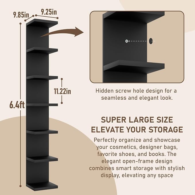 7 Tier Wall Shelf Unit, Floating Shelves for Storage Home Display, Versatile Lack Wall Shelves for Bedroom,Living Room,Office Decor, Tall Long Shelf for Book,Shoe,Vanity, Purse and TV Black