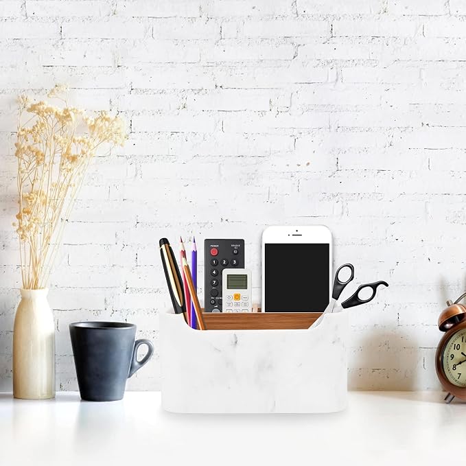 2 Pack Remote Control Holders, Desk Organizers with Dividers,White | Set of 2 resin and wood organizers with dividers for remotes, pens, glasses, and media devices on desk, table, or nightstand