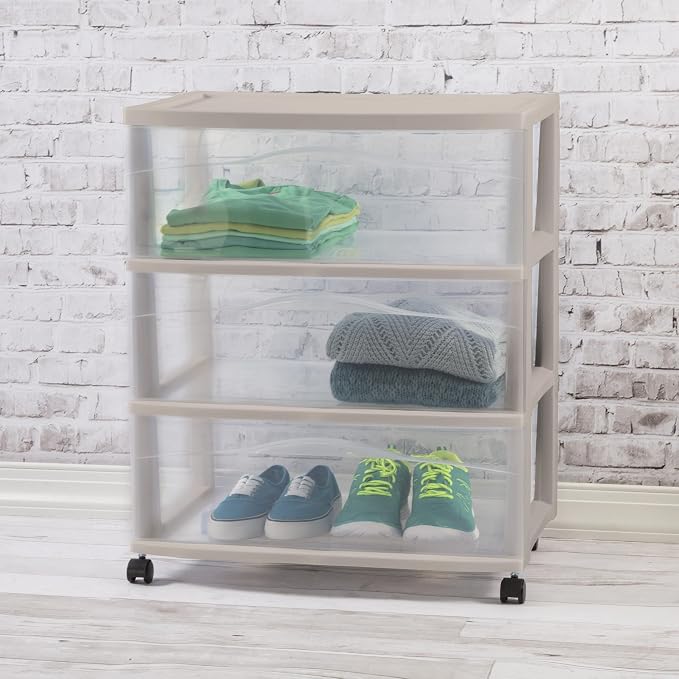Sterilite Wide Storage Cart, 3 Clear Drawer Plastic Organizer with Wheels, Grey Pumice Frame - Rolling Unit for Craft Supplies or Home Accessories