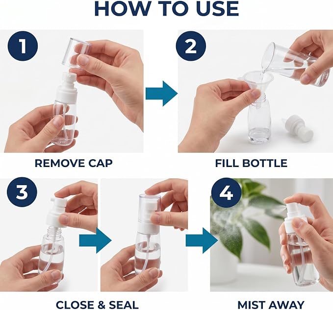 Fine Mist Spray Bottles 2 Pack, 2 oz Clear PETG, Empty Refillable | Mini travel size, PP pump and over-cap, level visible at a glance, for toner, hair water, makeup remover and plants