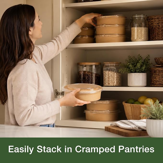 50pks 17oz Disposable Meal Prep Containers, Disposable Bowls with Lids | Disposable kraft paper bowls with lids, Waterproof, Safe for hot & cold food, Perfect for catering, parties, lunch takeout