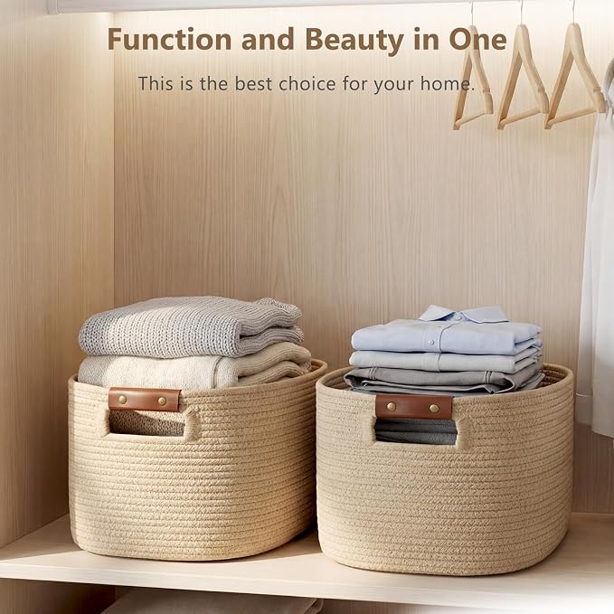 ECDYQXVU 15x10x9 Woven Cotton Rope Storage Basket, Leather Handles 2 Pack | Foldable Design, Sturdy PU Handles, Easy to Clean Organizer for Living Room, Closet, Shelves, Bedroom, Laundry, Clothes