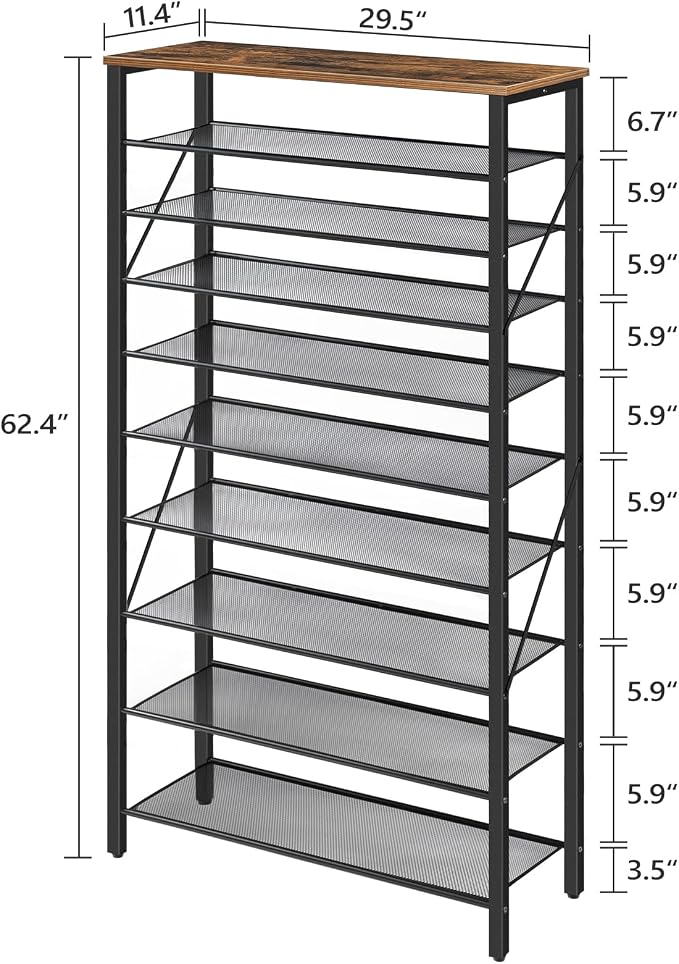 MAHANCRIS 10 Tier Shoe Rack Organizer for Closet, Holds 36-40 Pairs, Tall Metal Shoe Storage Shelf for Dorm, Entryway, Sturdy Freestanding Shoe Rack Space Saving, Large Capacity, Rustic Brown