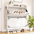 Shoe Storage Cabinet with 2 Flip Drawers & Adjustable Shelves, Freestanding Shoe Cabinet with Side Hooks Narrow Shoe Rack Cabinet for Entryway, Hallway, Rustic White