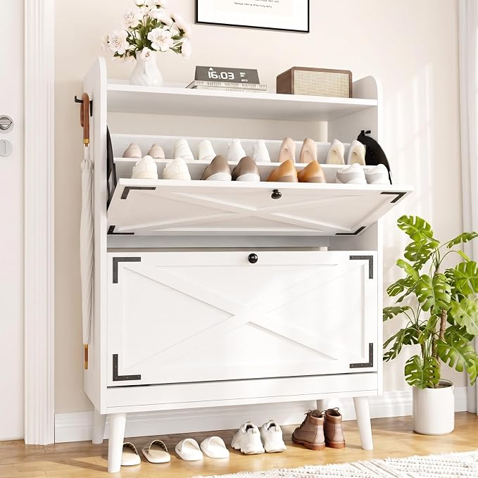 Shoe Storage Cabinet with 2 Flip Drawers & Adjustable Shelves, Freestanding Shoe Cabinet with Side Hooks Narrow Shoe Rack Cabinet for Entryway, Hallway, Rustic White