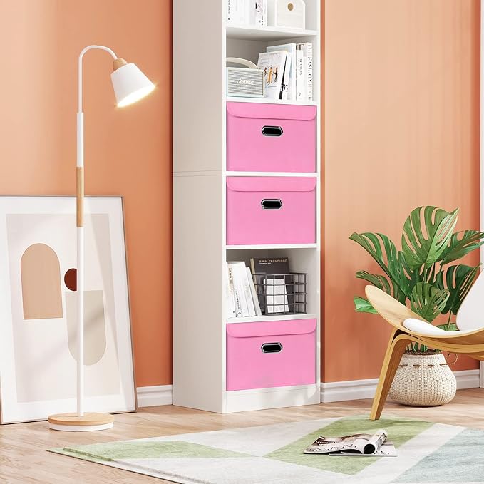 STOREONE Fabric Storage Cube Bins Foldable Organizer Container Collapsible Basket with Lids and Metal Handles, for Home, Bedroom, Closet 6 Pcs (Pink)