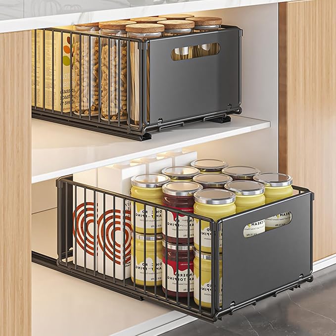 Pull-out Cabinet Organizer Storage Basket Large Capacity Strong Load-Bearing Easy Installation No Drill Slide-Out Drawers Storage Racks (2pc Large)