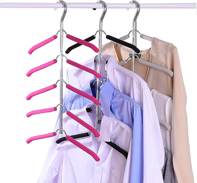 3 Pack 5 in 1 Hangers Blouse Tree Hangers Non Slip Space Saving Clothes Hanger Multi-Layer Clothes Hanger Stainless Steel Sweater Shirt Hanger Closet Storage Organizer(Grey)