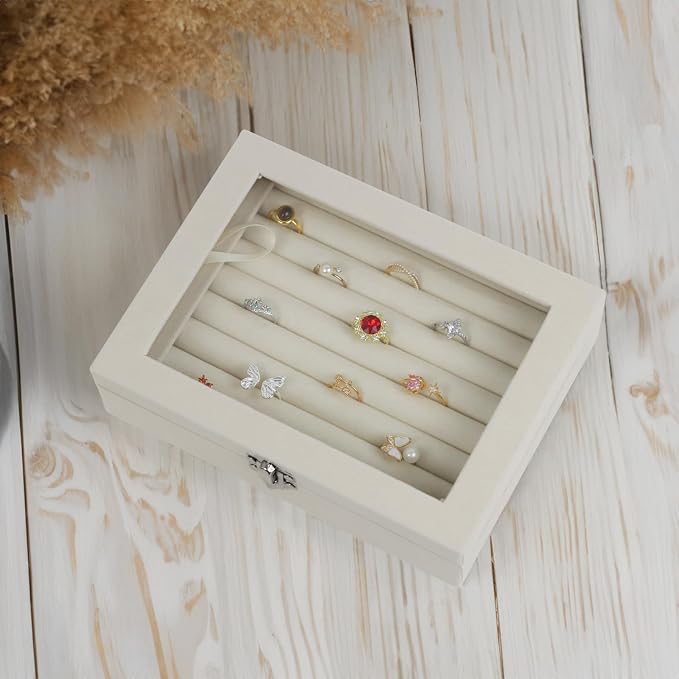 Fordonral Velvet Jewelry Organizer Box, Jewelry Drawer Organizers Trays, Earring Ring Necklace Holder Display Case (Beige, Ring Box)