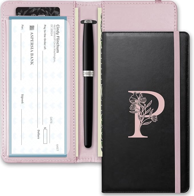 Letter Checkbook Cover, RFID Blocking Checkbook, Duplicate Checks with Pen Holder, Cards Slots, Multi-Functional Checkbook Holder for Personal and Business Checks