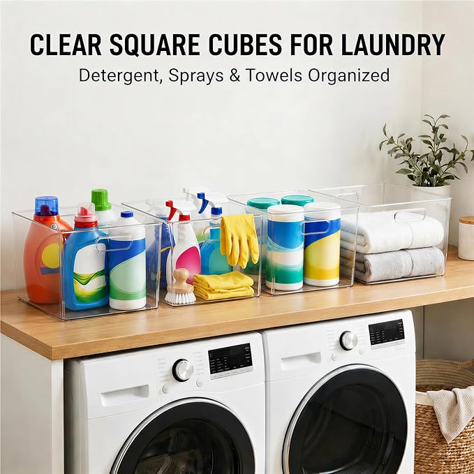 MOONEDGE 6-Pack 12x12x7 Extra Large Clear Plastic Storage Bins with Handles | Cube PET Organizer Square Boxes for Pantry,Closet,Kitchen,Bathroom,Laundry,Classroom,Playroom Organization