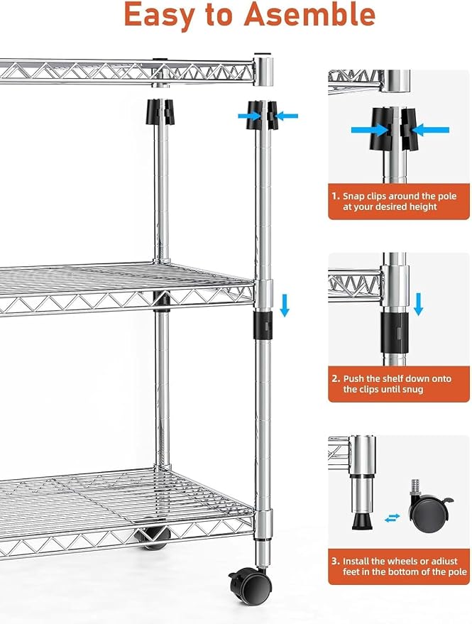 Heavy Duty 3-Shelf Shelving Unit, 24.02" W x 13.78" D x 21.97" H Chrome Steel Storage Rack with Wheels, 2 PP Shelf Liners and Hooks, Adjustable Under Desk Organizer for Kitchen, Office, Garage