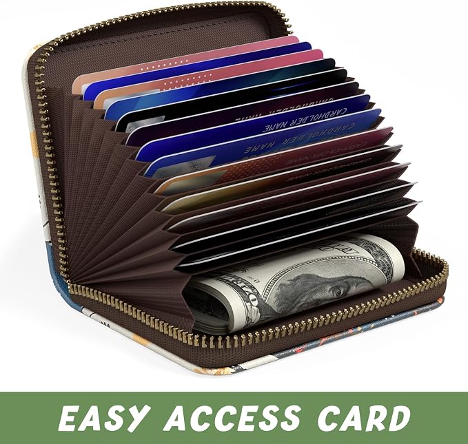 Aiawoxc Credit Card Holder, Small RFID Wallet Slim Leather Card Organizer Case with Zipper and Keychain, Pretty Cat
