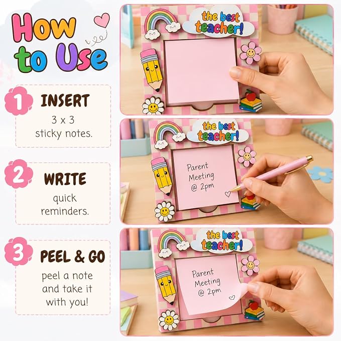 Sticky Note Holder for Desk, Teacher Sticky Note Holder, Teacher Desk Must Haves, 5 x 5 Wooden Organizer, Fits 3 x 3 Notes, Back to School Gift