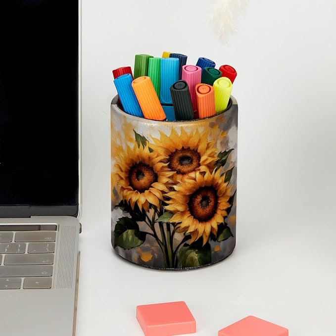 Retro Sunflowers Pattern Pen Holder Pencil Organizer for Desk, 3.1” x 3.1” x 3.9” Pencil Cup Office Supplies, Large Capacity Cute Pen and Makeup Brush Holder for Home, School, Desktop