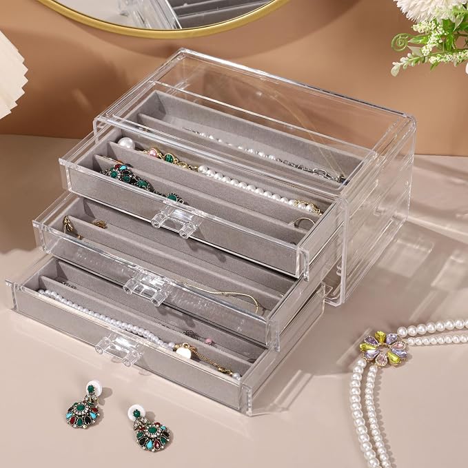 CLUQMEIK Necklace Organizer Box, Tray with Clear Lid, Dustproof Velvet Necklaces Holder Storage Display Case, Necklace Tray Drawer Insert for Pendant Suitable for Women and Girls (Grey)