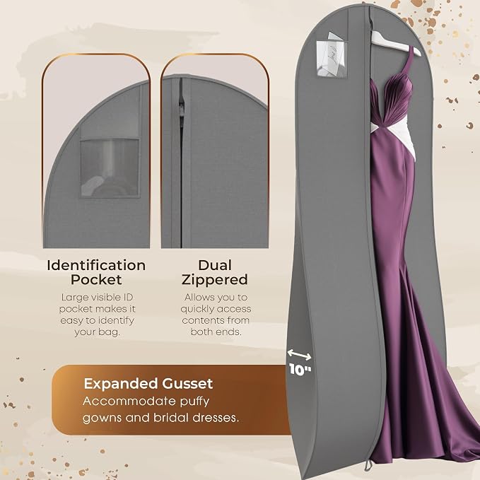 72" Tapered Long Dress Bags for Gowns - Wedding Dress Garment Bag for Dresses - Long Garment Bags for Hanging Clothes & Closet Storage, Dress Bag for Airplane