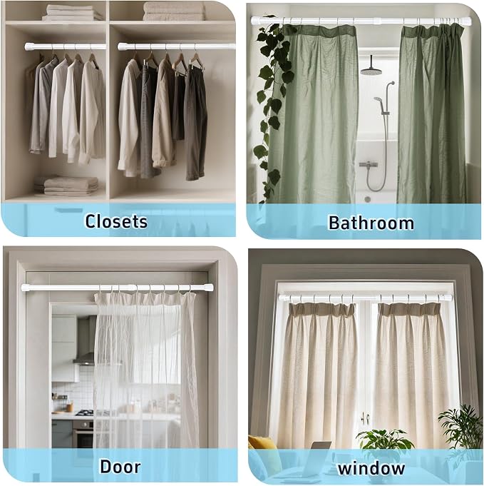 2 Pack White Tension Rods, 33"-59" Adjustable Shower Curtain Rods, Heavy Duty No Drilling Rod, 11lbs Max Load, 1.2" End Cap, 19/22mm Tube, Metal, for Bathroom, Window, Bedroom, Doorway, Closet