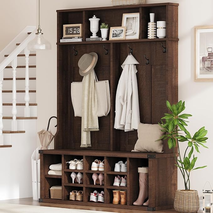 Garvee Farmhouse Entryway Hall Tree with Bench, Shoe Storage & Coat Rack | Large 5-in-1 Mudroom Storage w/ 6 Tri-Hooks & Seating, 13 Cubbies & Adjustable Shelf, Metal Corner Protctor, Rustic Brown