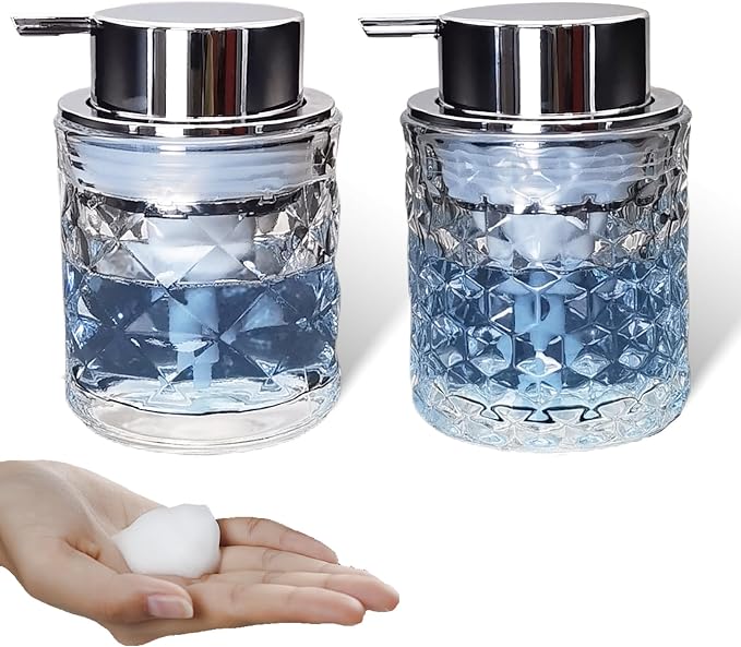 Glass Hand Foaming Soap Dispensers with Silver Pump Refillable Hand Soap Dispenser for Bathroom Kitchen (2Pack-D881+D885)