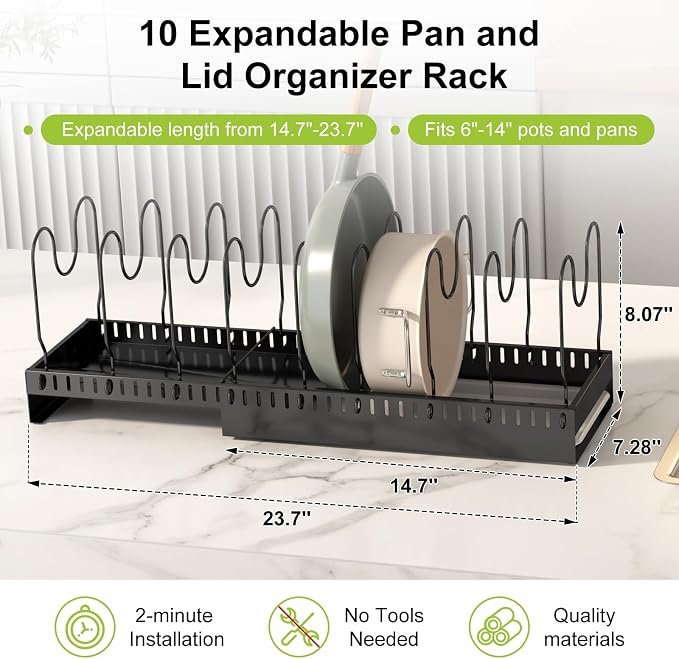 Pots and Pans Organizer Under Cabinet with Drain Board, Expandable Pot Lid Organizer inside Cabinet Holder with 10 Adjustable Compartment, Rack for Cutting Board, Sheet Pan, Cookware, Black