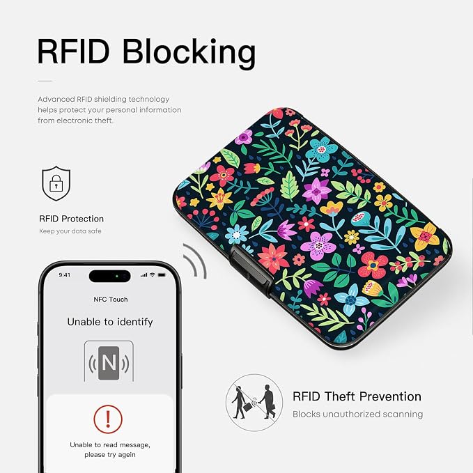 Credit Card Holder RFID Aluminum card case Red Floral mini Wallet Women Men | ABS Business ID Case,Hard Case Large Capacity 6 Slots, Waterproof Durable ，Secure Closure Slim Small Credit Card Protector