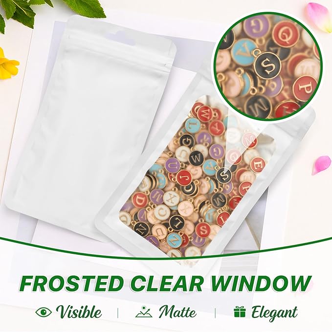 ANZNKU 100 PCS Resealable Mylar Bags with Frosted Clear Window Packaging Bags Foil Pouch Zipper Bag for Food Self Sealing Storage Supplies (4.13x5.91, White)