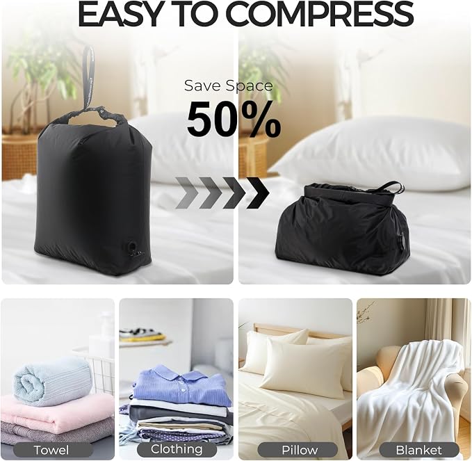 Travel Compression Laundry Bag, Pump-Free Vacuum Space Saver Bag for Dirty Clothes, Reusable Waterproof Wet Dry Bag, Travel Laundry Bag for Luggage, Packing, Suitcase (1 Pcs)（Black, L)