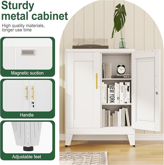 White Metal Storage Cabinet, 36" Tall Locking Storage Cabinet with 2 Adjustable Shelves, Steel Locker Organizer, for Office, Home, School, 11.81" D x 23.62" W x 35.83" H