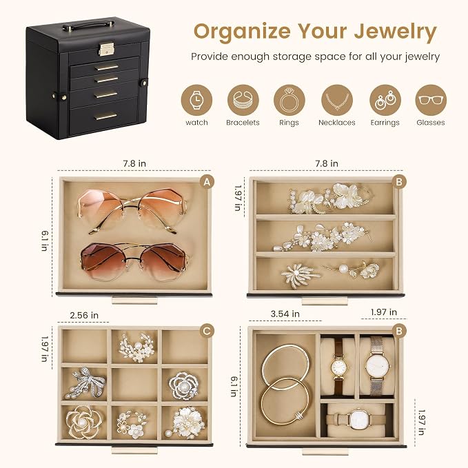Synthetic Leather Huge Jewelry Box Mirrored Watch Organizer Necklace Ring Earring Storage Lockable Gift Case (Black)