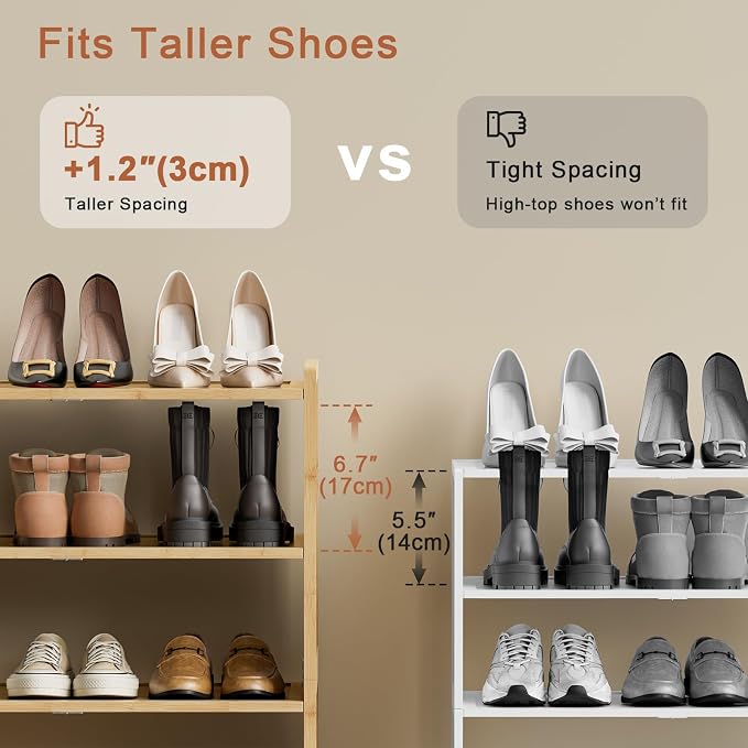 4 Tier Bamboo Shoe Rack, Tall Wood Shelf for Closet | 4 tiers maximize vertical space. 6.7in height fits boots. Great for living room, closet, balcony.