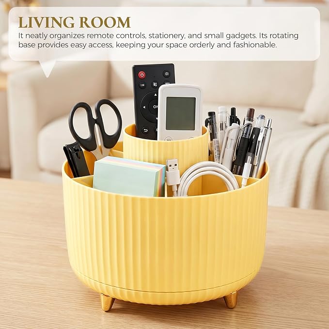 KONVINIT Pencil Pen Holder for Desk, 5 Slots 360-Degree Rotating Desktop Organizer, Cute Desk Organizers and Accessories for School, Home, Office and Art Supply, Yellow