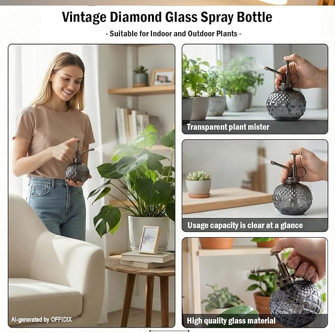 OFFIDIX Plant Mister Glass Spray Bottle Gray, Vintage Small Misters10 OZ | Fine Mist Spray, Refillable Watering Can with Plastic Top Pump, Spray Bottles for Garden Plant Cleaning, Indoor Outdoor Decor
