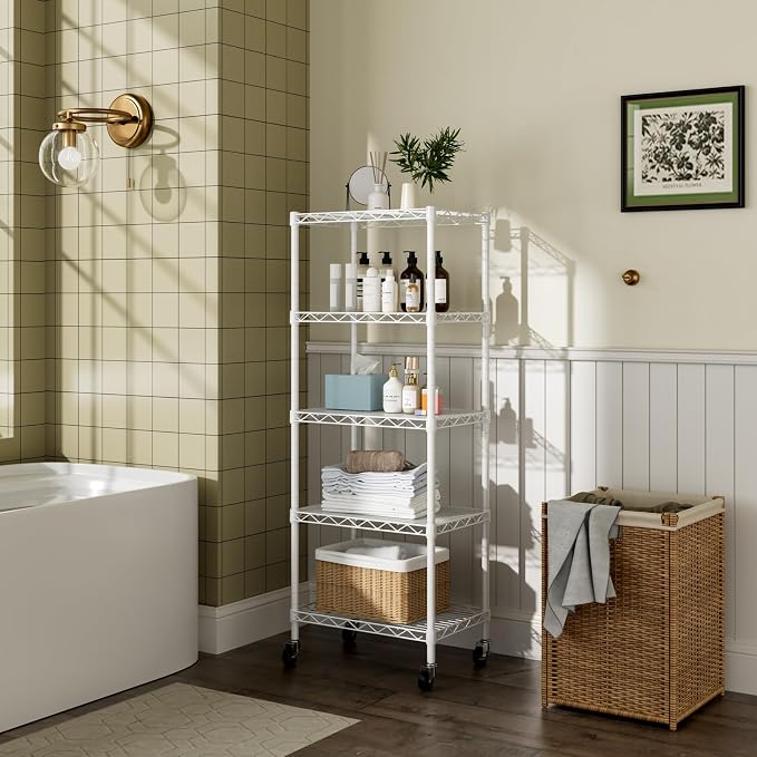 Golpart Small Shelves Storage Wire Metal Adjustable Shelf Unit with Wheels | 5 tier Shelving Organizers Storage Shelving for Bathroom Laundry Room Kitchen Pantry 11.7”D x 17.7”W x 57.2”H White