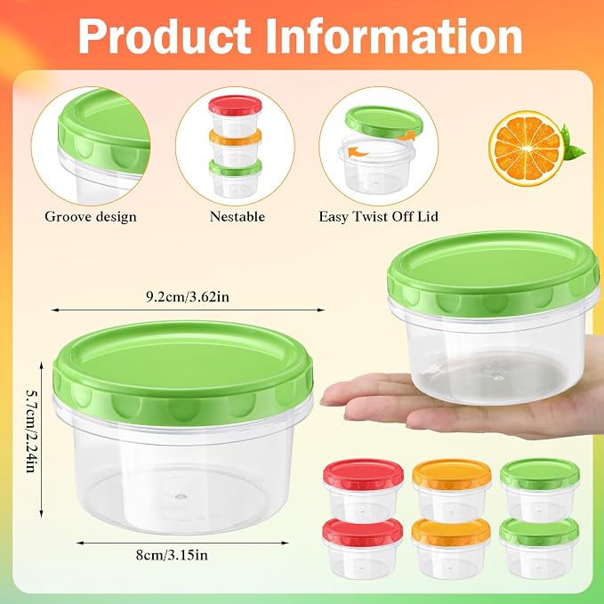 Sieral 6 Pack 8 oz Freezer Containers with Lids Reusable Deli Freezer Storage Containers Stackable Plastic Thick Twist Top Jars for Takeout Food Round Wide Mouth Lunch Snack (Green,Red,Yellow)